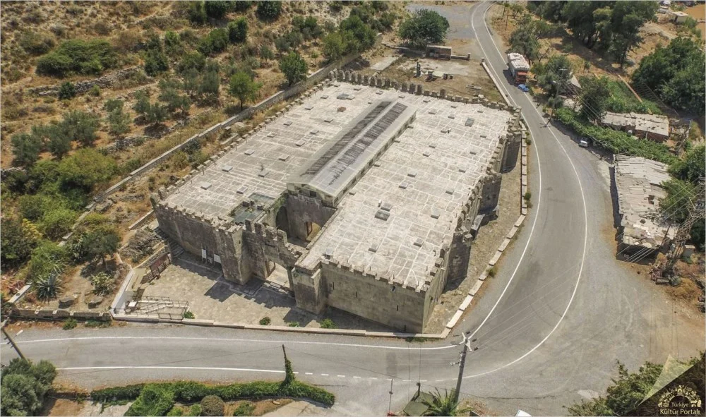 Aerial view of the Seljuk Alara Han caravanserai near Çenger