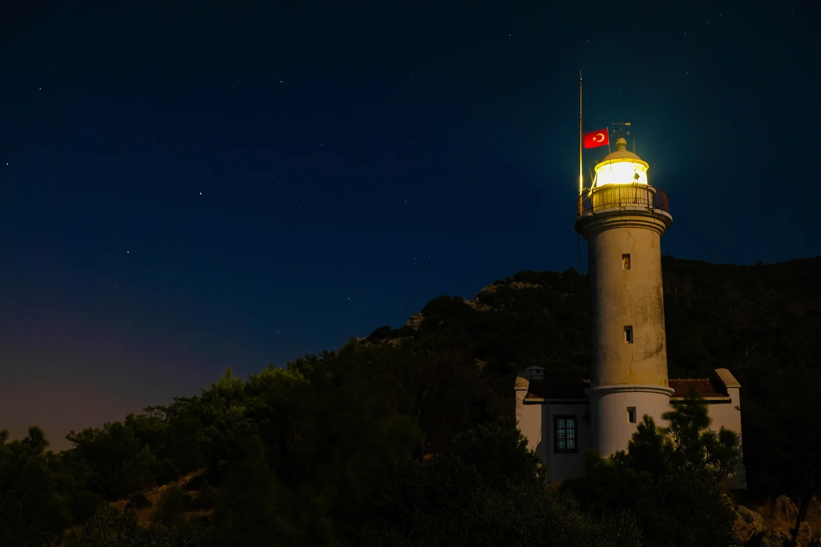 Gelidonya Lighthouse at night on the Mediterranean coast south of Adrasan