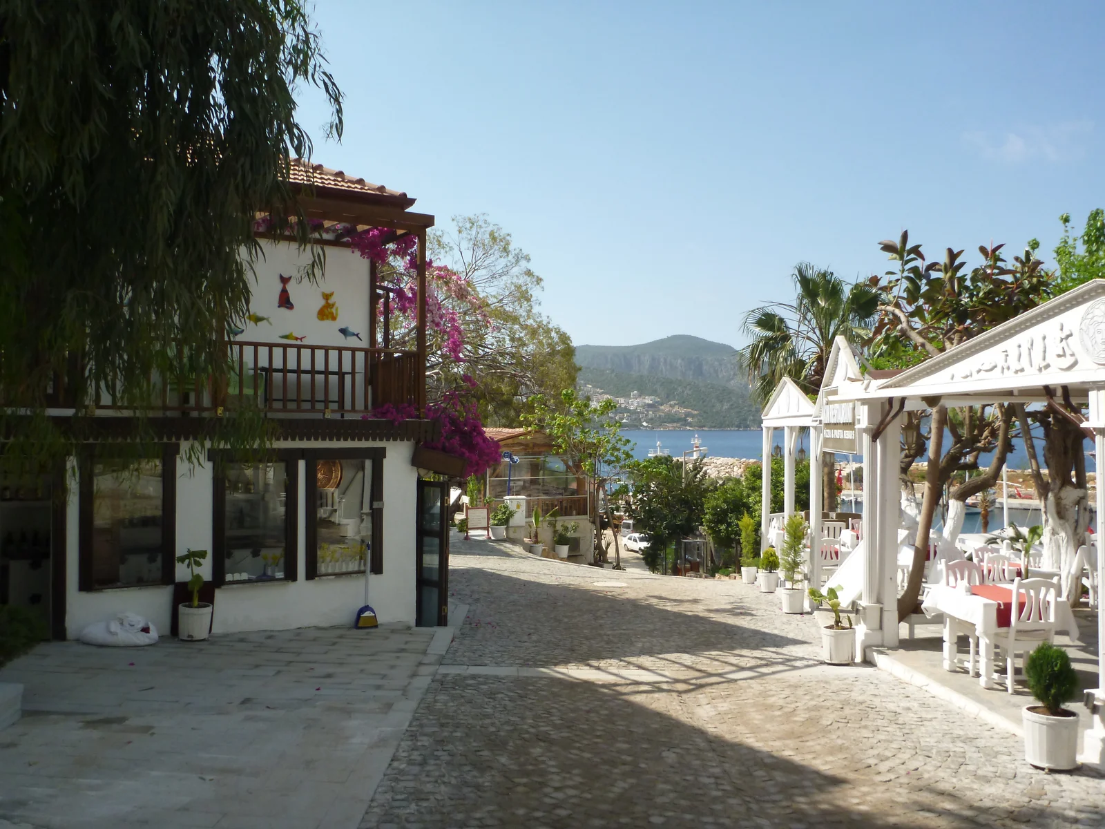 Cobbled street in Kalkan Old Town descending towards the harbour
