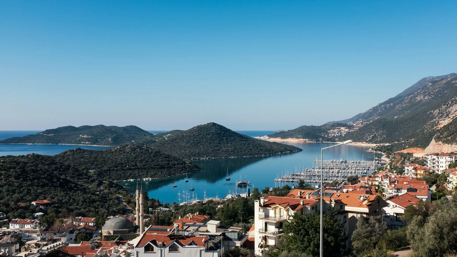 Aerial view of Kaş harbour and coastal town