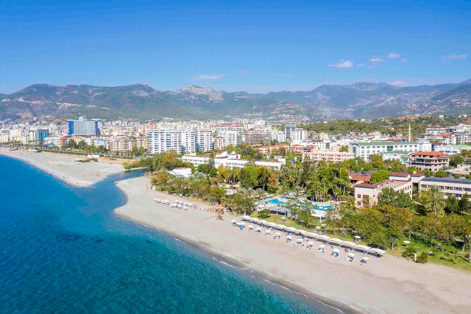 Kestel coast at Labranda Alantur with the Mediterranean, beachfront gardens and Taurus Mountains
