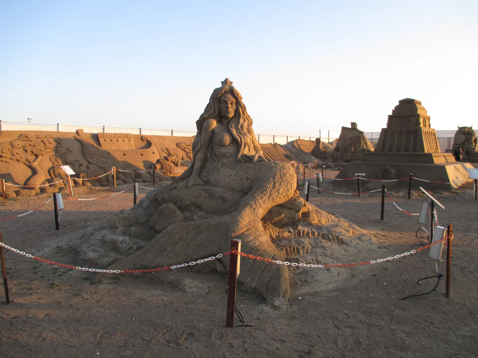 Large sand sculptures at the Sandland open-air exhibition beside Lara Beach in Antalya
