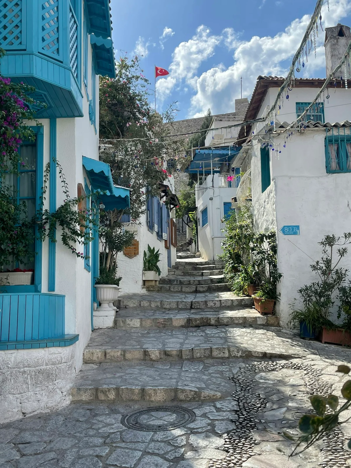 Stone steps and blue-and-white houses in Marmaris old town