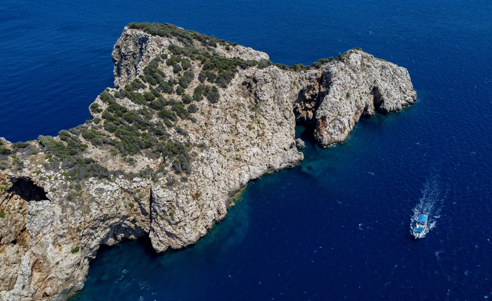 Aerial view of rocky Suluada off the coast of Adrasan
